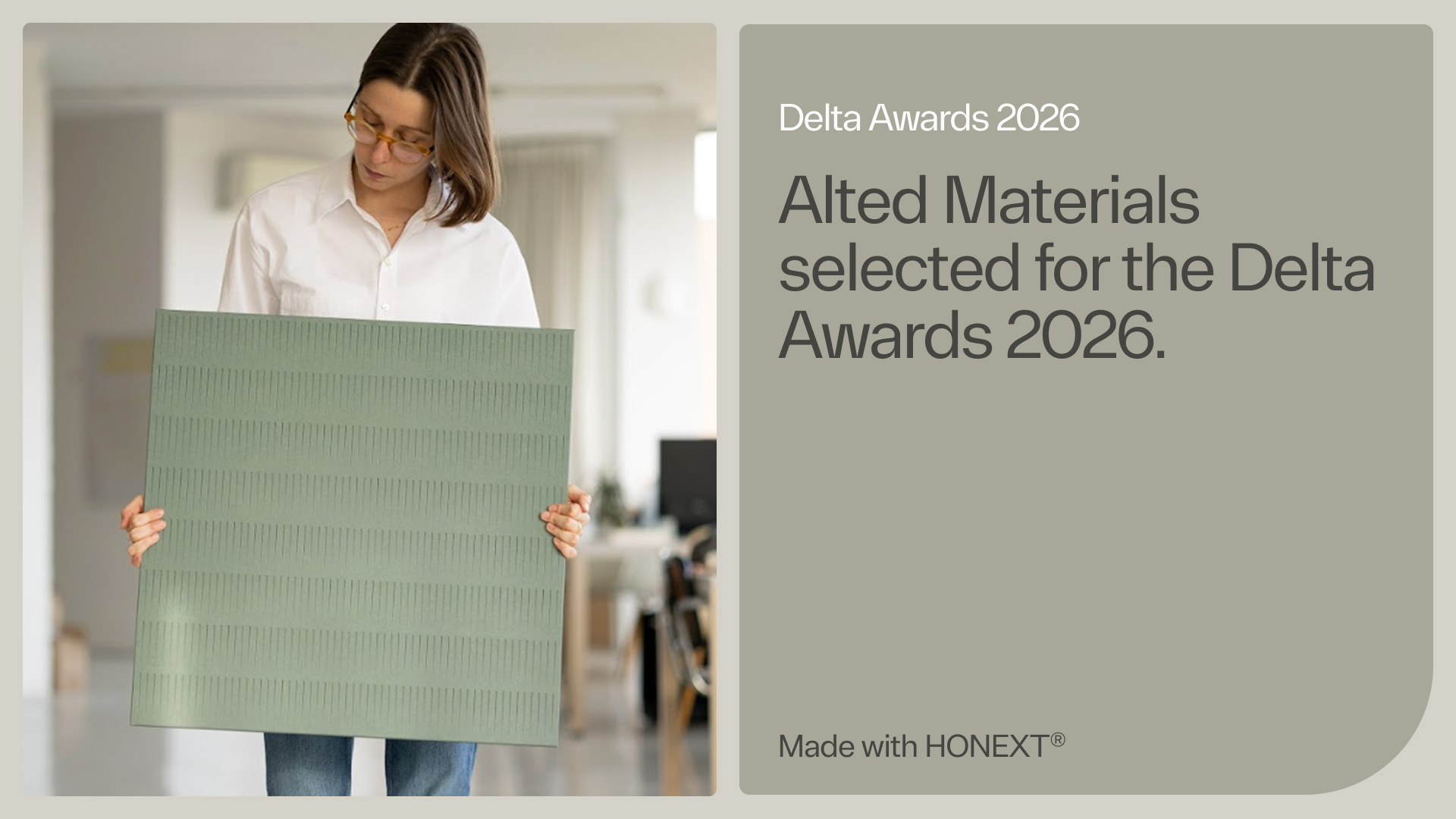 Alted Materials Paper Waste Panels developed with HONEXT® circular boards selected for Delta Awards 2026